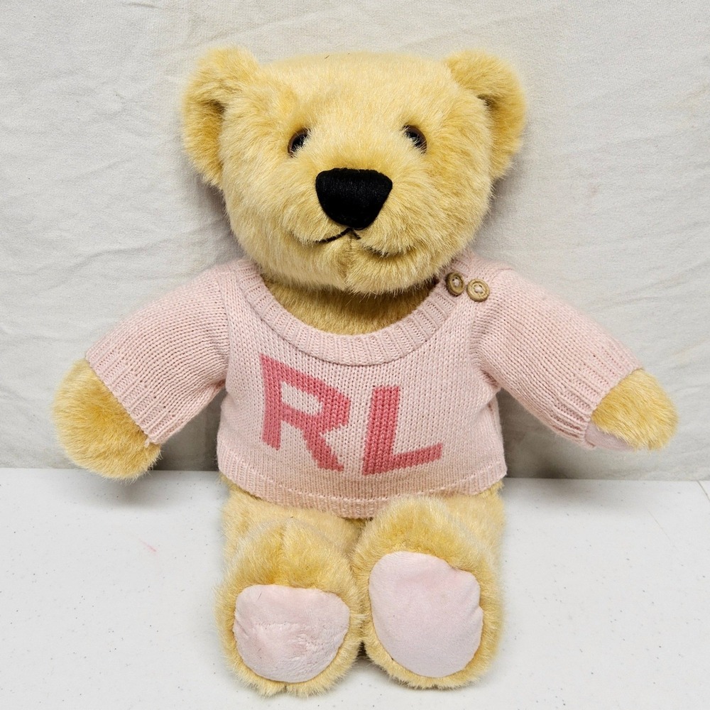 Ralph Lauren Romance Teddy Bear Plush Tan Pink RL Knit Sweater Vintage